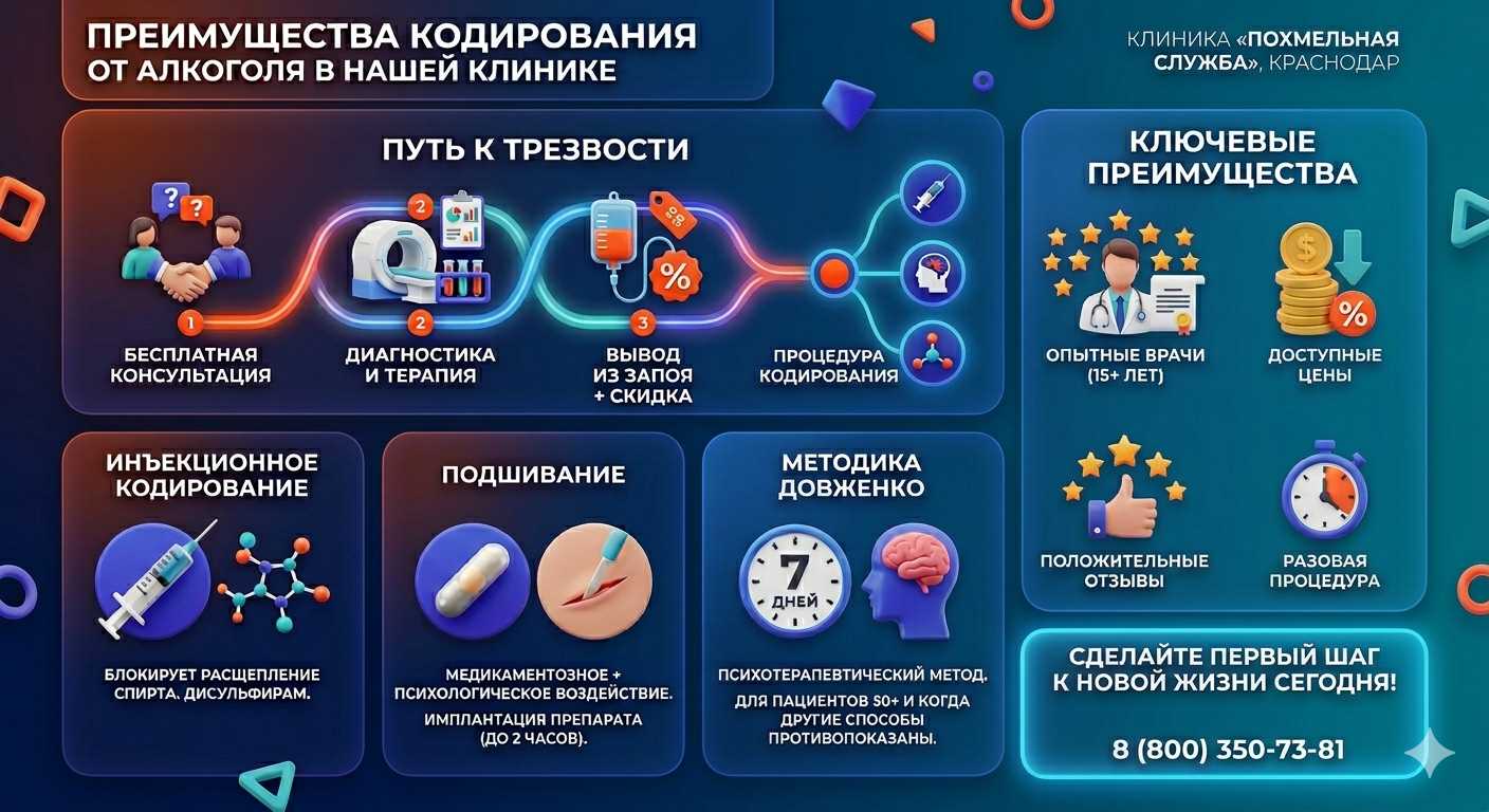 Инфографика о методах кодирования от алкоголя в Воркуте: инъекции, подшивание, метод Довженко. Преимущества клиники и этапы лечения.